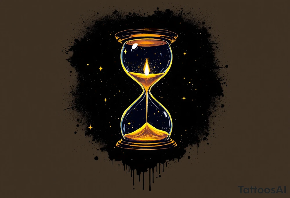 A candlelit hourglass, with melted wax forming numbers, glowing warmly against a dark background. tattoo idea