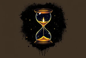 A candlelit hourglass, with melted wax forming numbers, glowing warmly against a dark background. tattoo idea