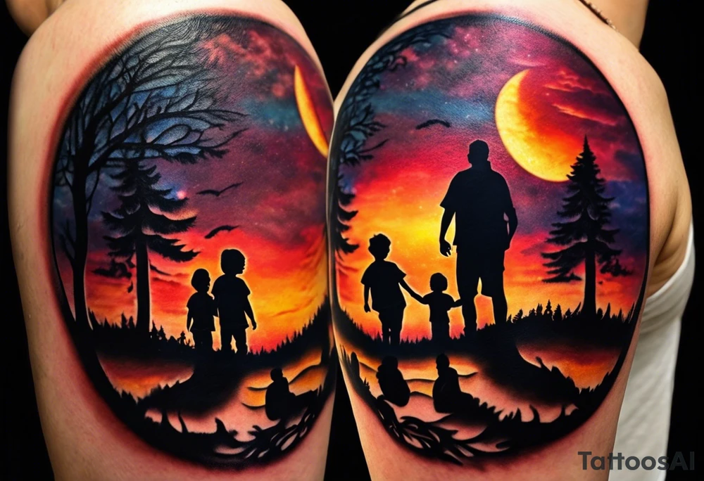 Tattoo of a family of four on a male forearm 
- dad, mom and two boys around a campfire.  Background is a sunset at the bottom, night at the top with a big beautiful moon. I would like it to be encased in a circle with the words "All that I need is the air that I breathe, and all that I need are things I don't need, and all that really matters is what matters to me". tattoo idea