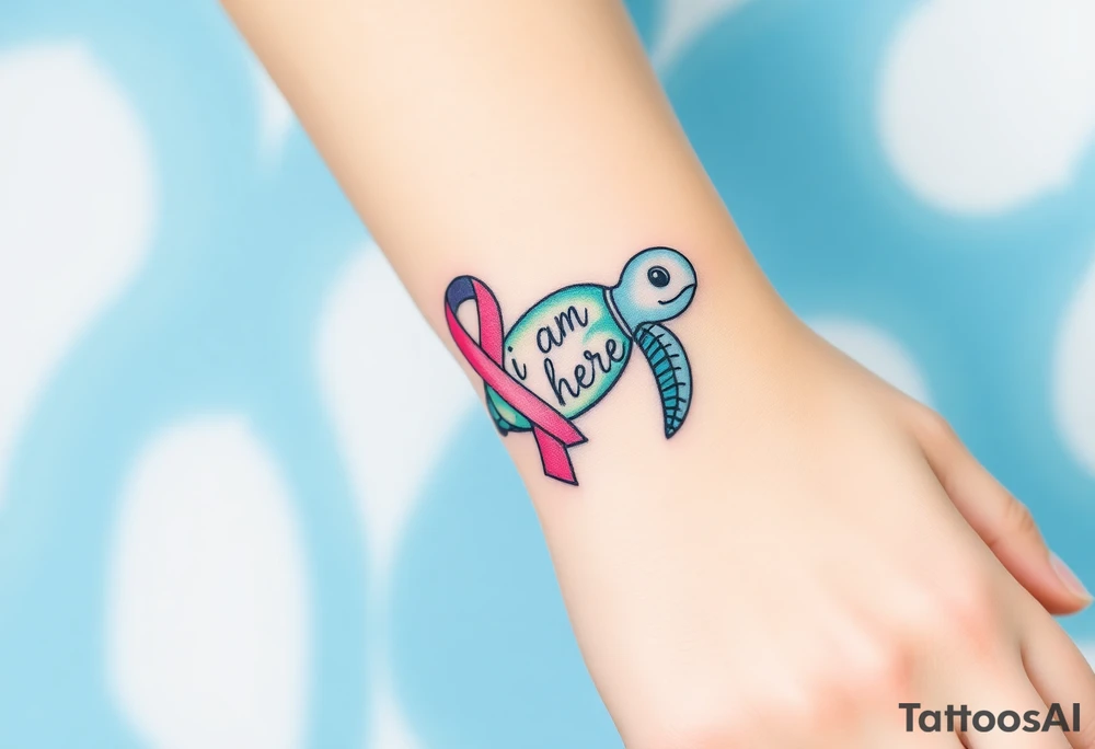 I am here pink ribbon sea turtle theme tattoo idea