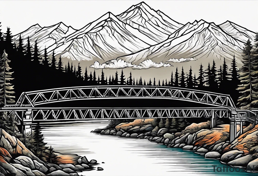 steel truss cantilever bridge over river, mountains, sky, trees, pacific northwest tattoo idea