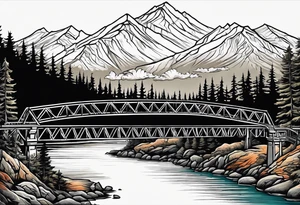 steel truss cantilever bridge over river, mountains, sky, trees, pacific northwest tattoo idea