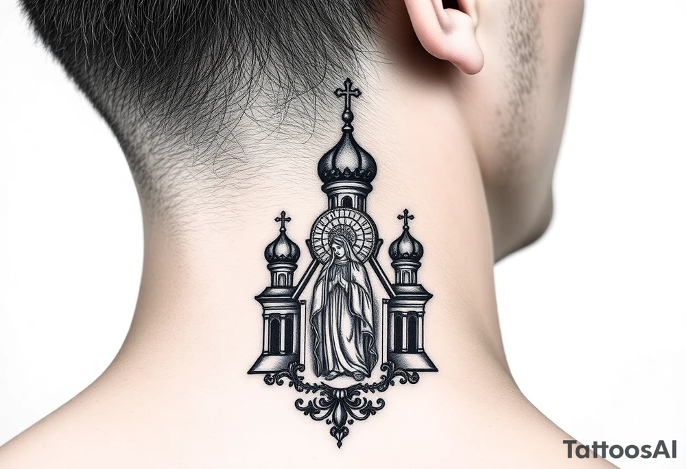 medium traditional russian orthodox church with a russian coat arms and virgin mary tattoo idea
