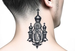 medium traditional russian orthodox church with a russian coat arms and virgin mary tattoo idea