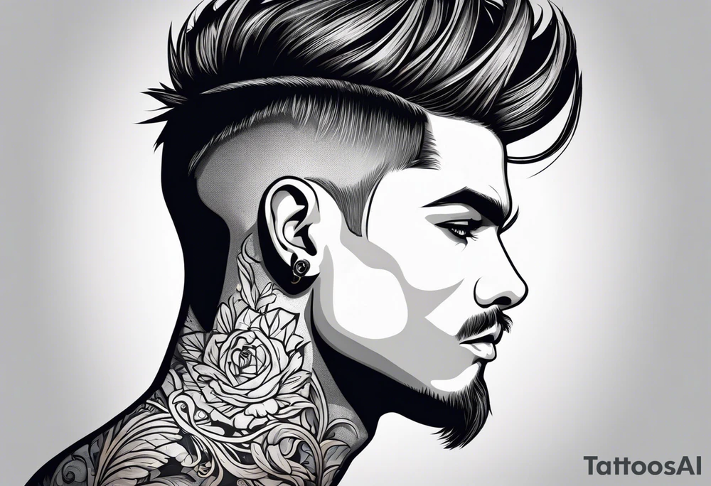 Male, slim build, oval face, sunken eyes, high cheek bones, hairstyle has fade on sides and long on top, tattoo idea