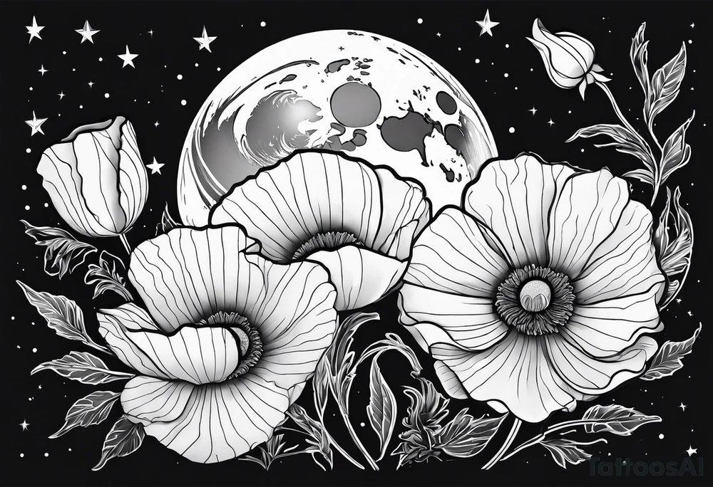 outline, fine line, stars, moon, poppy tattoo idea