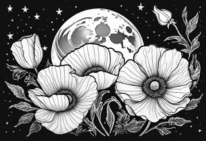 outline, fine line, stars, moon, poppy tattoo idea