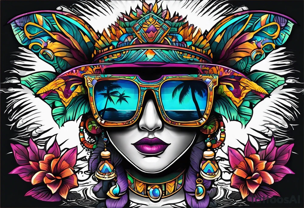 Colorful Mayan sunglasses reflecting water and bats tattoo idea