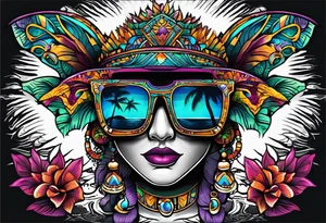 Colorful Mayan sunglasses reflecting water and bats tattoo idea