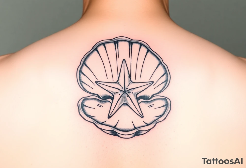 Open clamshell with starfish rendered in the art styles used during World War Two tattoo idea