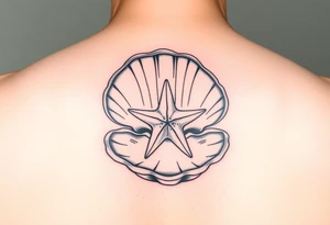 Open clamshell with starfish rendered in the art styles used during World War Two tattoo idea