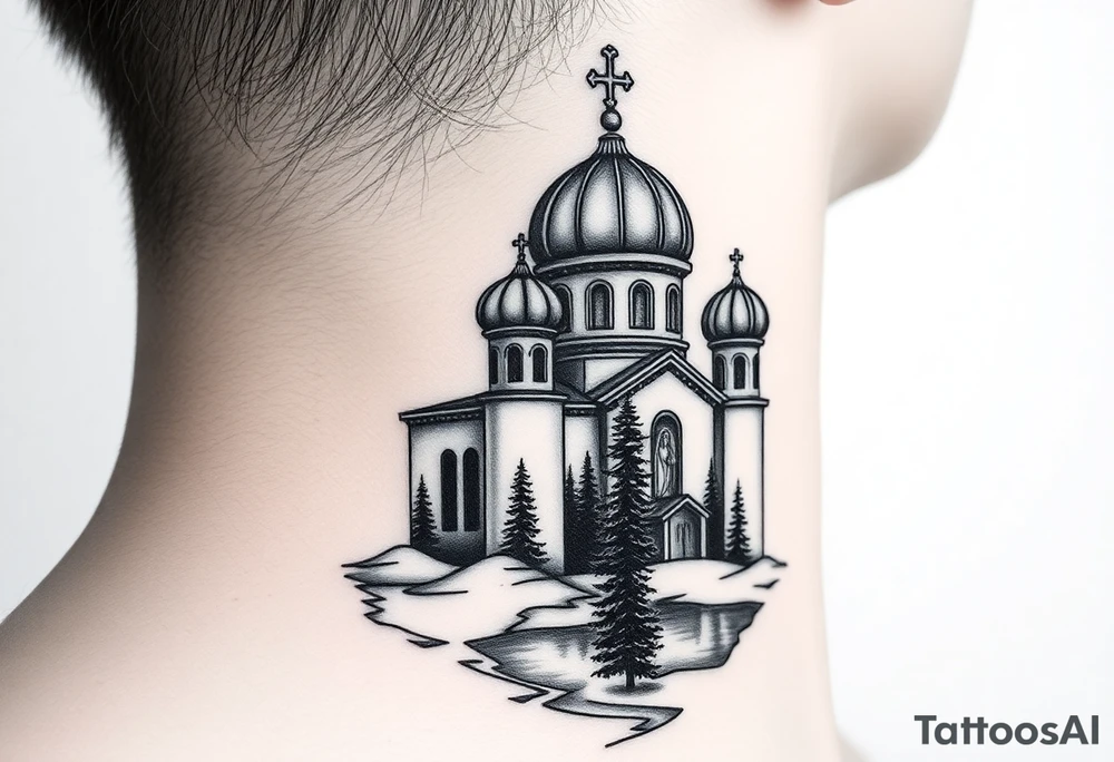 medium sized russian orthodox dome church with a visible virgin mary with a lake and pine trees tattoo idea