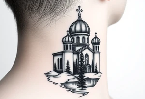 medium sized russian orthodox dome church with a visible virgin mary with a lake and pine trees tattoo idea