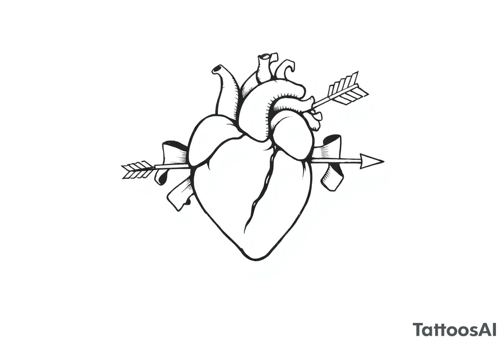 anatomical heart pierced by ornate arrow with flowing ribbons tattoo idea