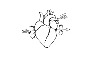 anatomical heart pierced by ornate arrow with flowing ribbons tattoo idea