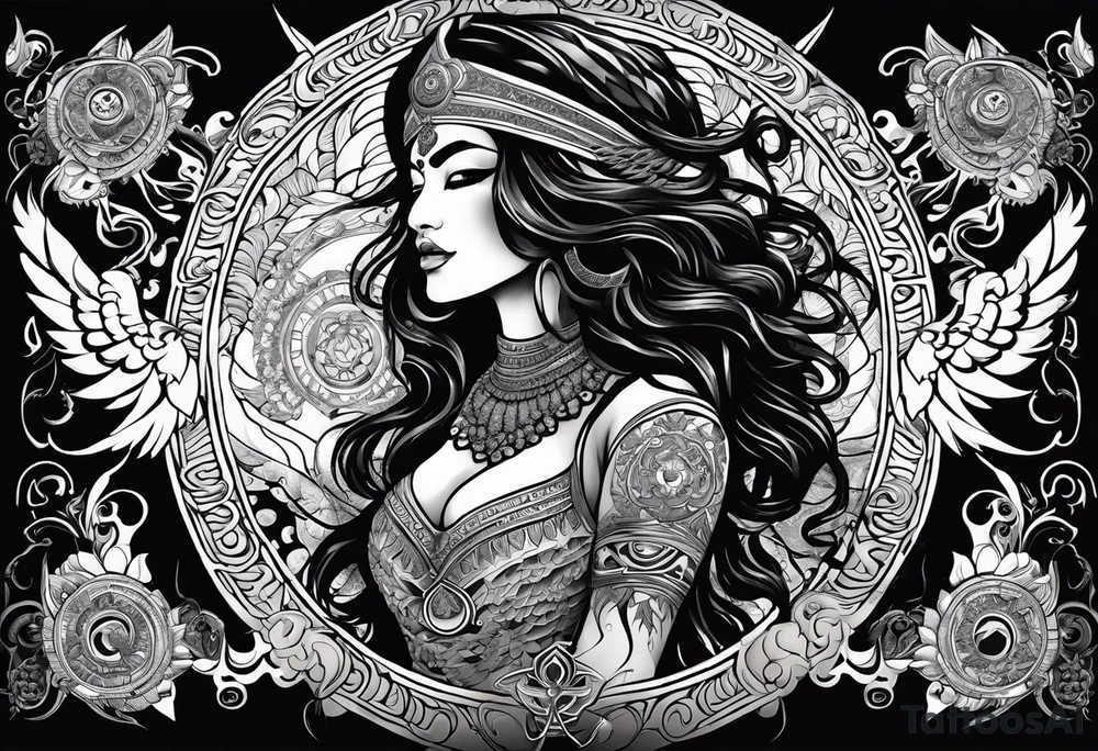 black kali, goddess pirate, alien, angel, pachamama, valkrye, warrior, flying, skull, lotus azul, wing, eagle, zenza resonance, stars, 5D, anahata chakra, death, durga, riding on a tiger, flying lady, kundalini, chest tatoo, samuri, rebel tattoo idea