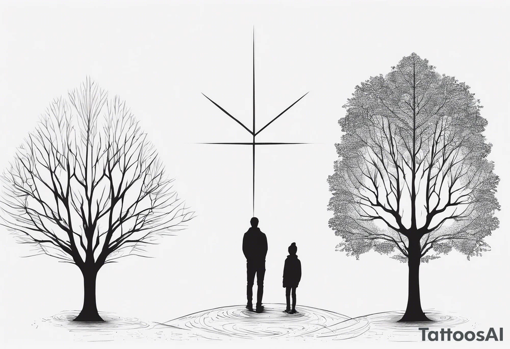 two tall silhouettes of trees and one small person standing between them with the symbol |-/ hidden somewhere in the design. i want it to look hand drawn tattoo idea