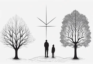two tall silhouettes of trees and one small person standing between them with the symbol |-/ hidden somewhere in the design. i want it to look hand drawn tattoo idea