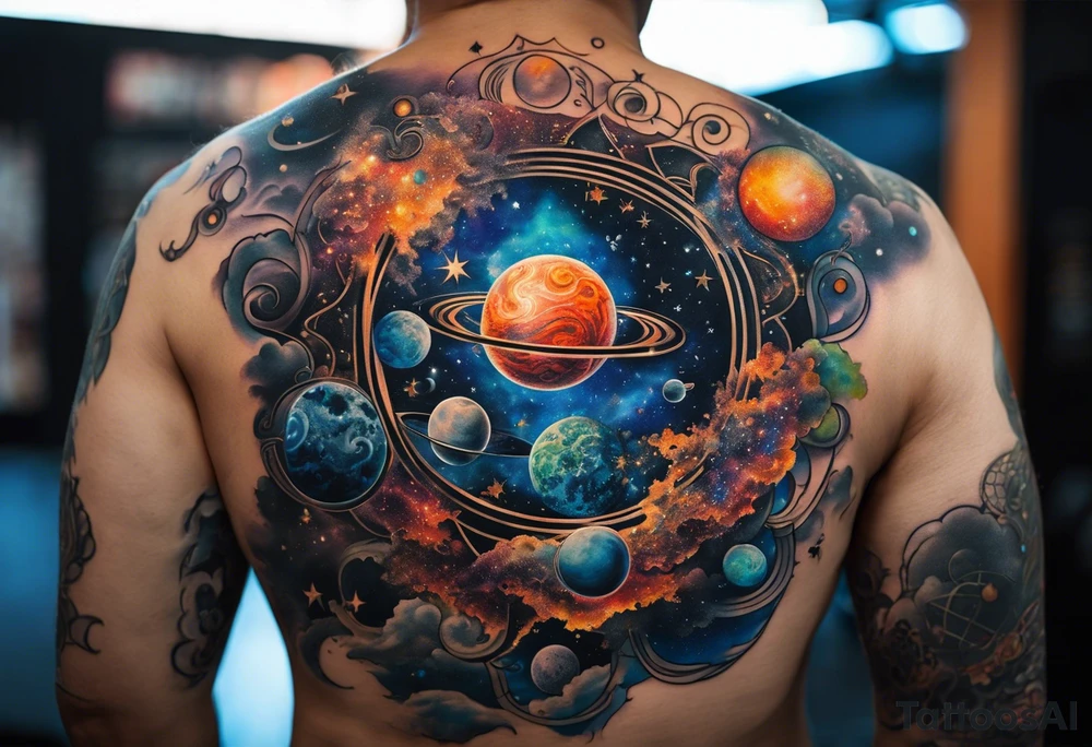 A tattoo featuring a cosmic scene with planets, black holes, and supernovae intertwined with intricate linguistic symbols, reflecting the client's interests in cosmology and linguistics. tattoo idea