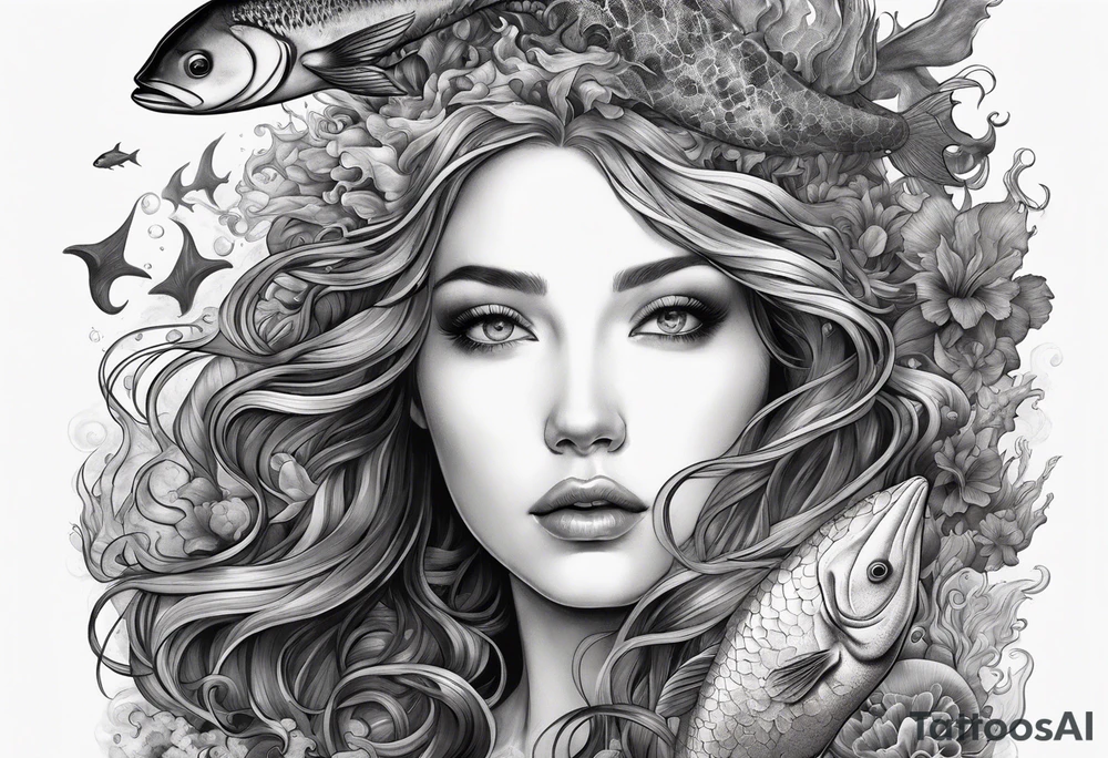 Full-body portrait of an ethereal woman of the sea surrounded by deep sea creatures. tattoo idea