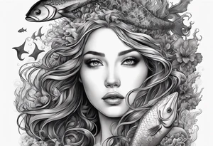 Full-body portrait of an ethereal woman of the sea surrounded by deep sea creatures. tattoo idea