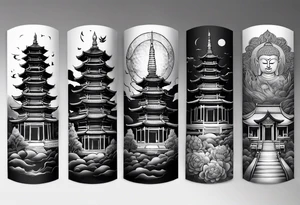 A forearm tattoo with the background as a world map with a small buddhist shrine at the bottom. tattoo idea
