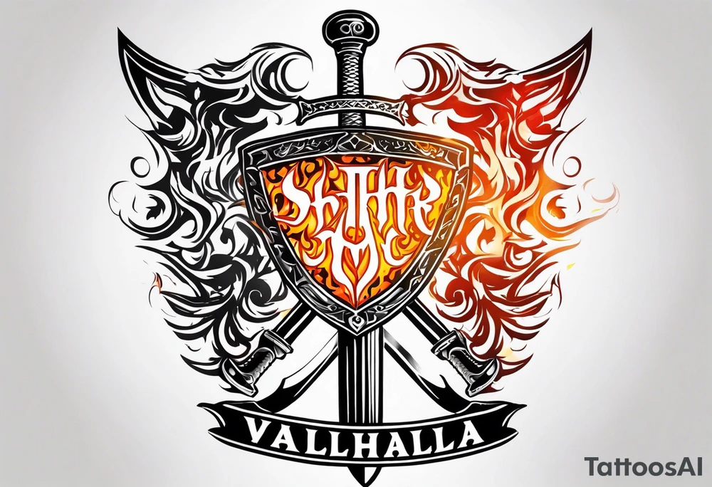 Valhalla on  fire shield sword tattoo idea