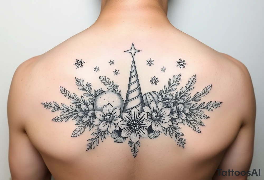 christmas and winter elements surrounded by floral ornaments and stars tattoo idea