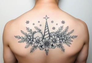 christmas and winter elements surrounded by floral ornaments and stars tattoo idea