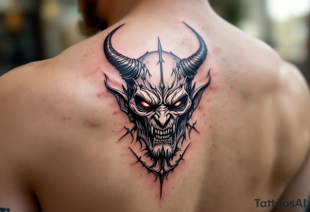 scary demon face with trident tattoo idea