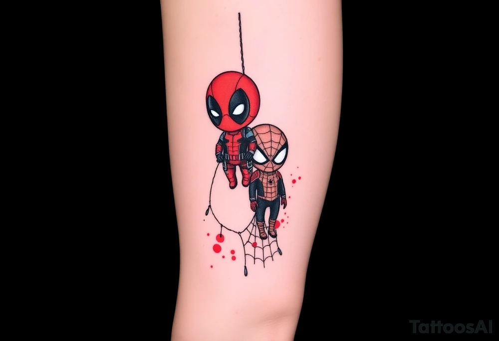 Project: Upper Arm Half-Sleeve Tattoo (Chibi Marvel Duo)
Placement: Upper Arm (Shoulder cap down to just above the elbow)
Reference Images: Chibi Deadpool (Image 1) and Chibi Spider-Man (Image 2)
Design Request & Layout:
* Please stack the characters dynamically to fit my upper arm. I'd like Deadpool positioned near the top/shoulder cap, and Spider-Man sitting near the bottom/above the elbow.
* Use the dangling spider and its web thread, along with loose, energetic construction lines, to transition between the two characters and wrap the design around the arm.
Art & Color Style:
* Linework: Please harmonize both characters into a singular, unified style—blending Deadpool's clean comic ink lines with Spider-Man's raw, cross-hatched sketchbook aesthetic.
* Color: The base of the tattoo should be gritty black-and-grey sketch shading. However, I want vibrant pops of red on their suits.
* The Splatter Effect: Instead of keeping the red cleanly inside the lines, please style the red color as a loose, dynamic watercolor/ink splatter effect that bursts out past their outlines and fades into the negative skin space. tattoo idea