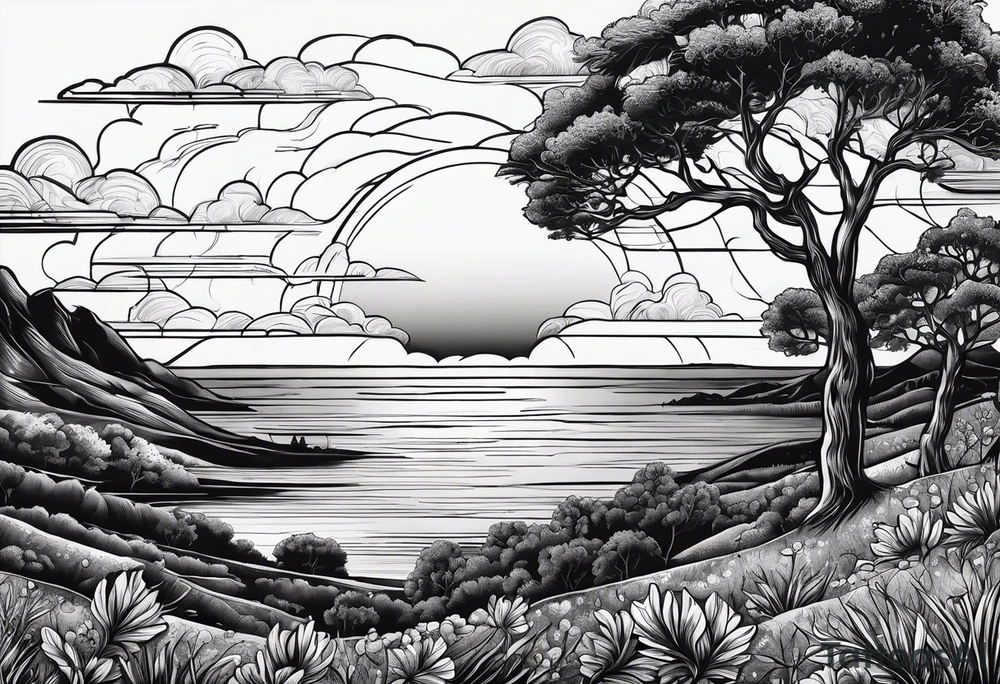 drawing of a sunset with the inscription Memento mori tattoo idea