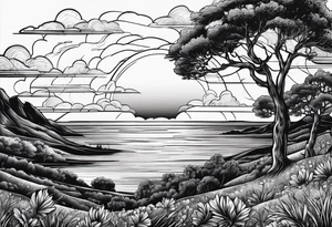 drawing of a sunset with the inscription Memento mori tattoo idea