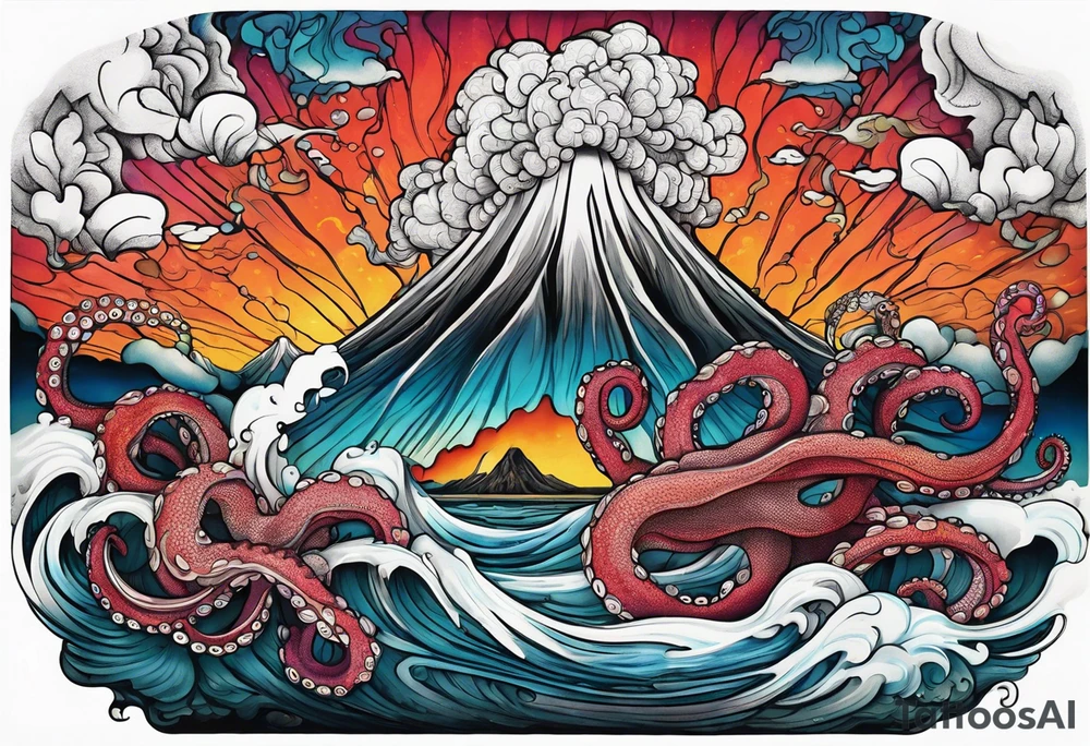 Octopus, volcano eruption, bridge tattoo idea