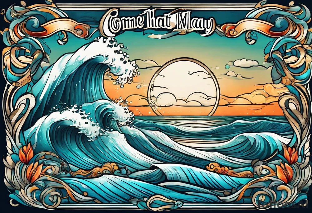 ocean waves with "come what may" written underneath in cursive tattoo idea