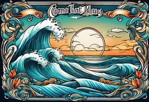 ocean waves with "come what may" written underneath in cursive tattoo idea