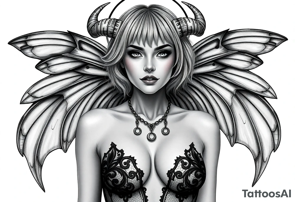 A powerful extremely sexy depiction of a start date with angel wings resembling that of a lunar moth and horns resembling the moths antennas with the son of of her head as if a Halo with two crescent men's off to each side full frontal nude with exotic see through lingerie with a sensual enticing glare short hair length of approximately 8 inches realistic erotic necklace encompassing the look of the hottest goddess of Love and war tattoo idea