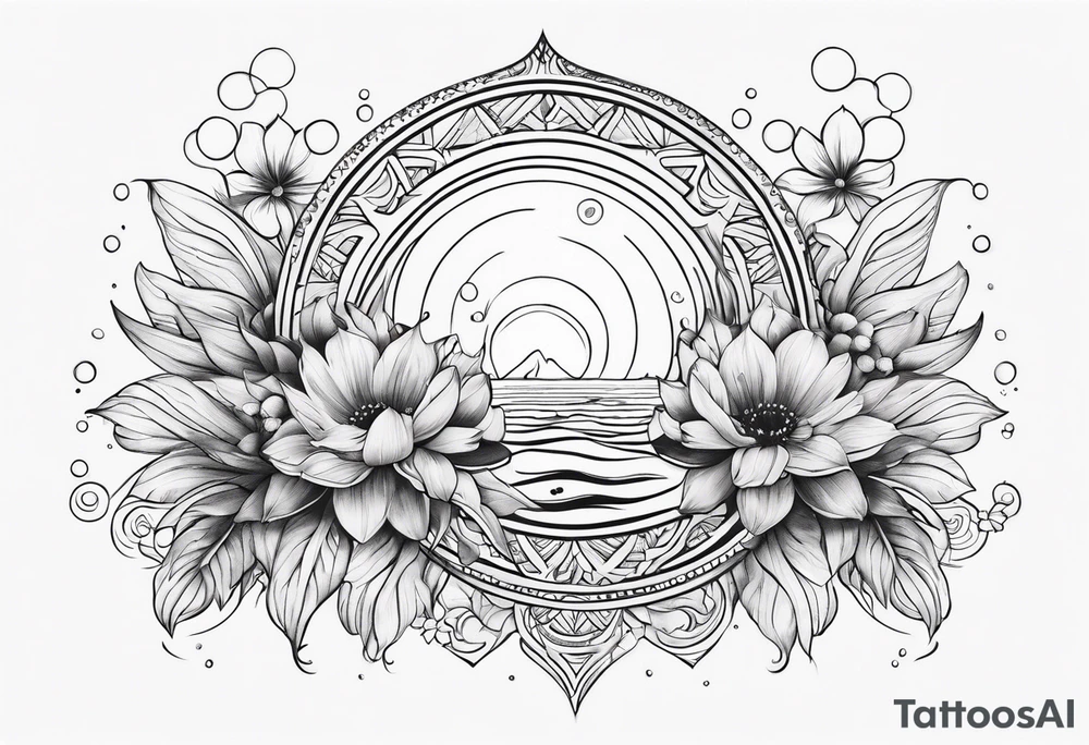 Water element, with half a sun, some flowers and water dots , long shape tattoo idea