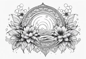 Water element, with half a sun, some flowers and water dots , long shape tattoo idea