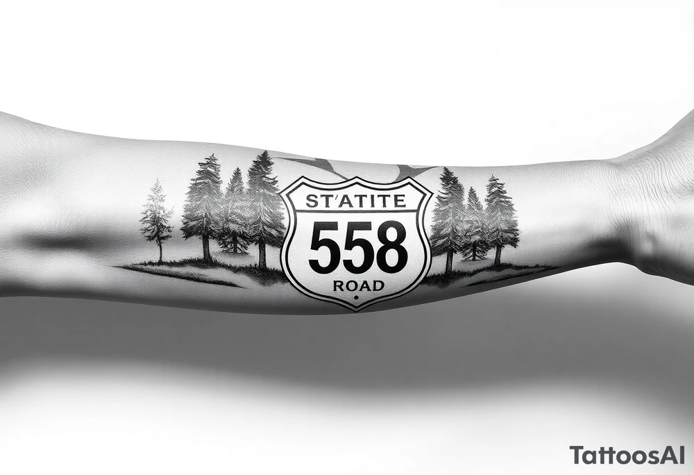 Arm sleeve State Route sign 558 at wrist, with trees all around and farm in background, road w/ view tattoo idea