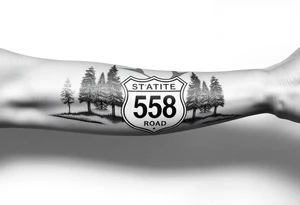 Arm sleeve State Route sign 558 at wrist, with trees all around and farm in background, road w/ view tattoo idea