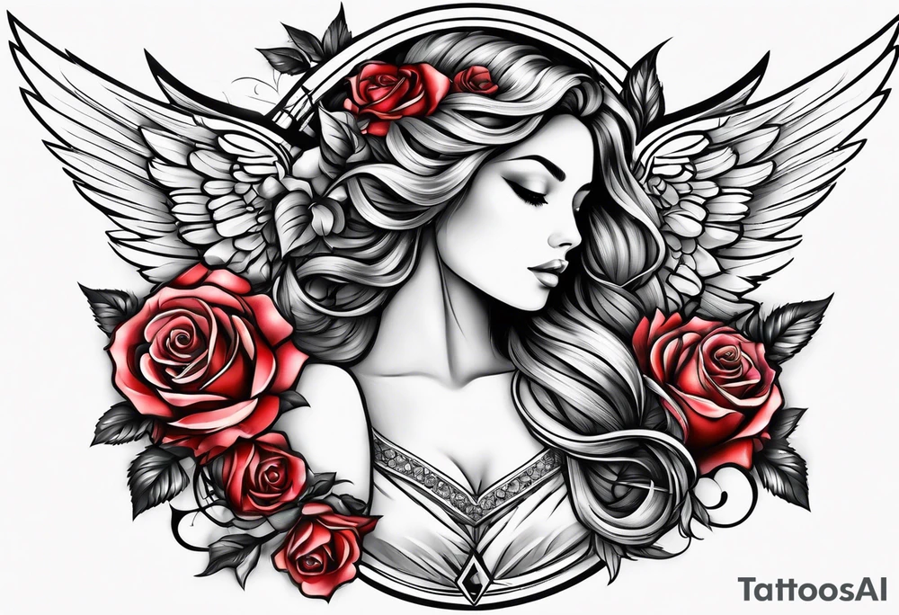 Beautiful woman angle with wings surrounded by roses tattoo idea
