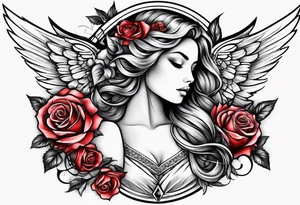 Beautiful woman angle with wings surrounded by roses tattoo idea