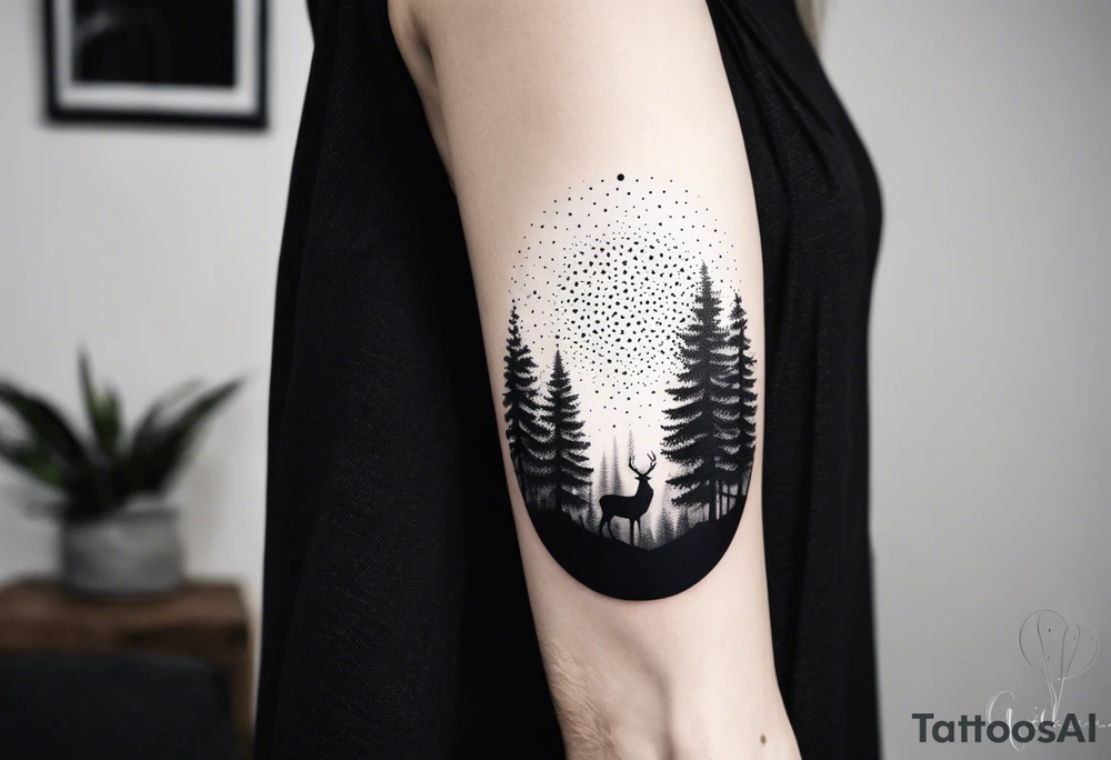 Wald silhouette mit geometric der blume des lebens im Hintergrund tattoo idea