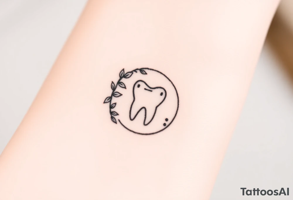 Tiny molar tooth outlined in black, framed by a crescent moon made of intertwining ivy leaves, soft stippled shading only at the crescent’s base.” tattoo idea