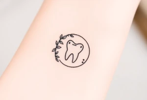 Tiny molar tooth outlined in black, framed by a crescent moon made of intertwining ivy leaves, soft stippled shading only at the crescent’s base.” tattoo idea