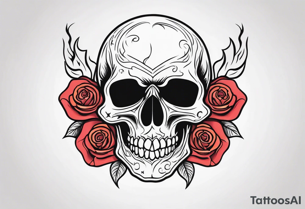 Skull with rose and flames tattoo idea