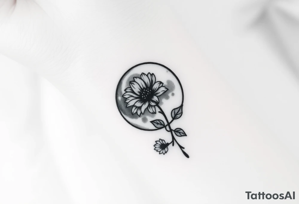 Small black and white tattoo full moon with small chrysanthemum and tiny scorpio gliph inside moon tattoo idea