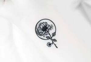 Small black and white tattoo full moon with small chrysanthemum and tiny scorpio gliph inside moon tattoo idea