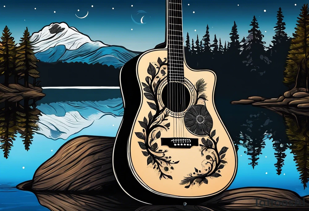 sideways black acoustic guitar made out of trees on one side with a reflection in a lake on the other side at night with a star and prayer hands on the body. tattoo idea